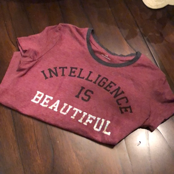 Old Navy “Intelligence Is Beautiful” Short Sleeved Grey Collar, Wine T-Shirt - Picture 3 of 7